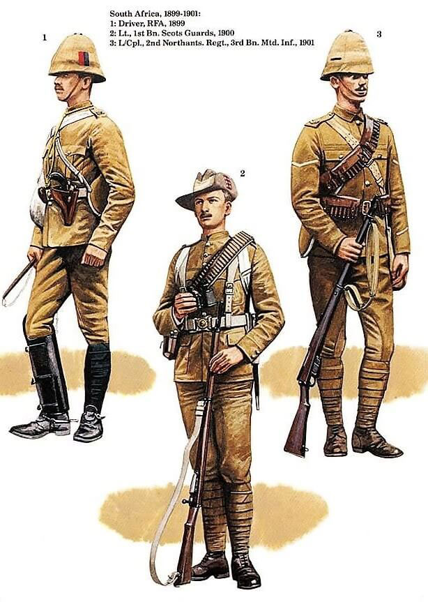 British soldiers in nineteenth century camouflage khaki uniforms